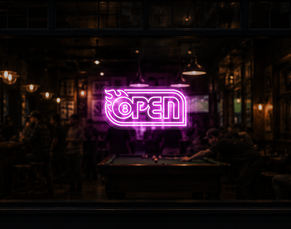 Retro Flame Badge Open LED Neon Sign - Bubblegum Pink