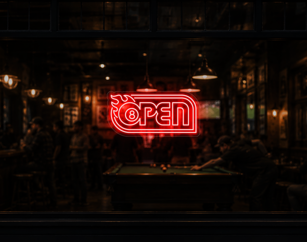 Retro Flame Badge Open LED Neon Sign - Coral Orange