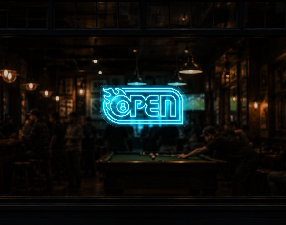 Retro Flame Badge Open LED Neon Sign - Ice Blue
