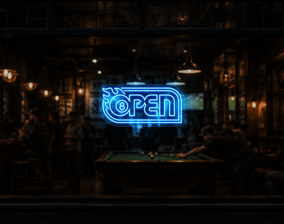 Retro Flame Badge Open LED Neon Sign - Light Blue