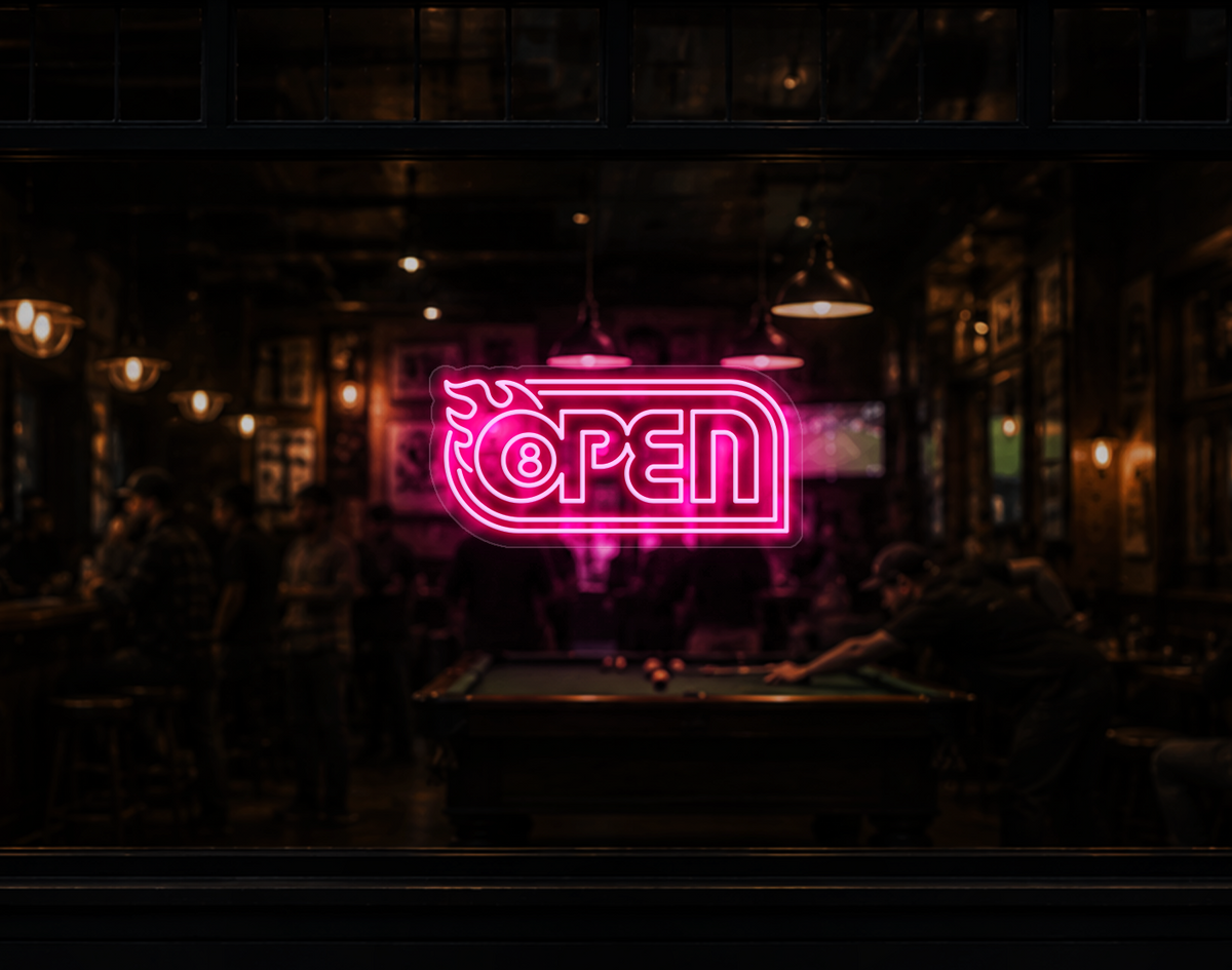 Retro Flame Badge Open LED Neon Sign - Light Pink