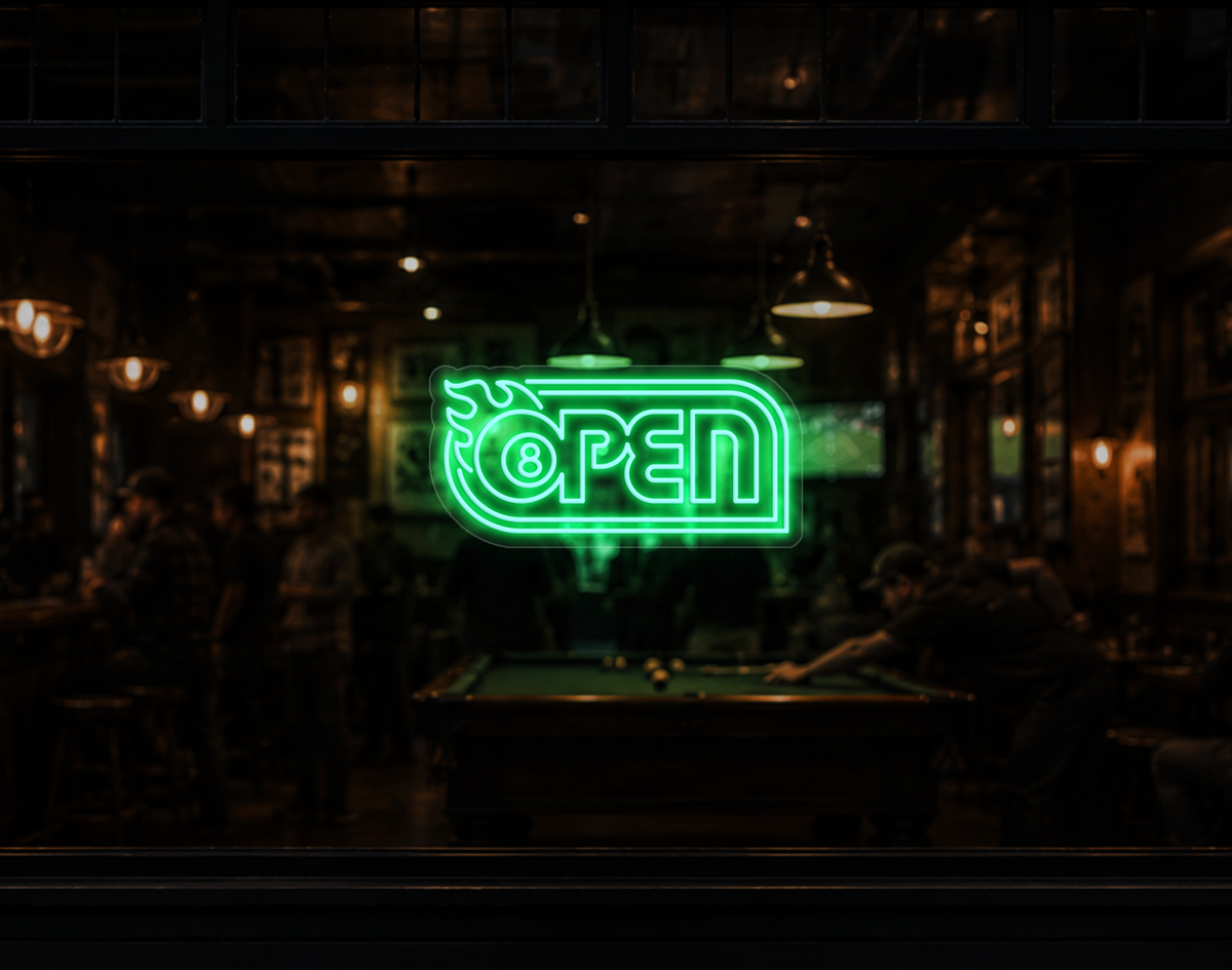 Retro Flame Badge Open LED Neon Sign - Mint Green
