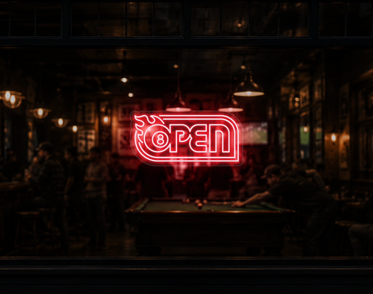Retro Flame Badge Open LED Neon Sign - Petal Pink