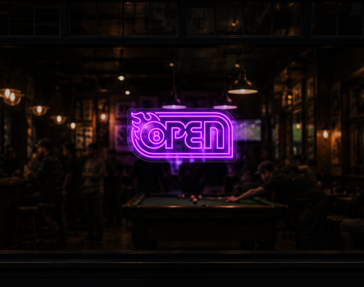 Retro Flame Badge Open LED Neon Sign - Purple