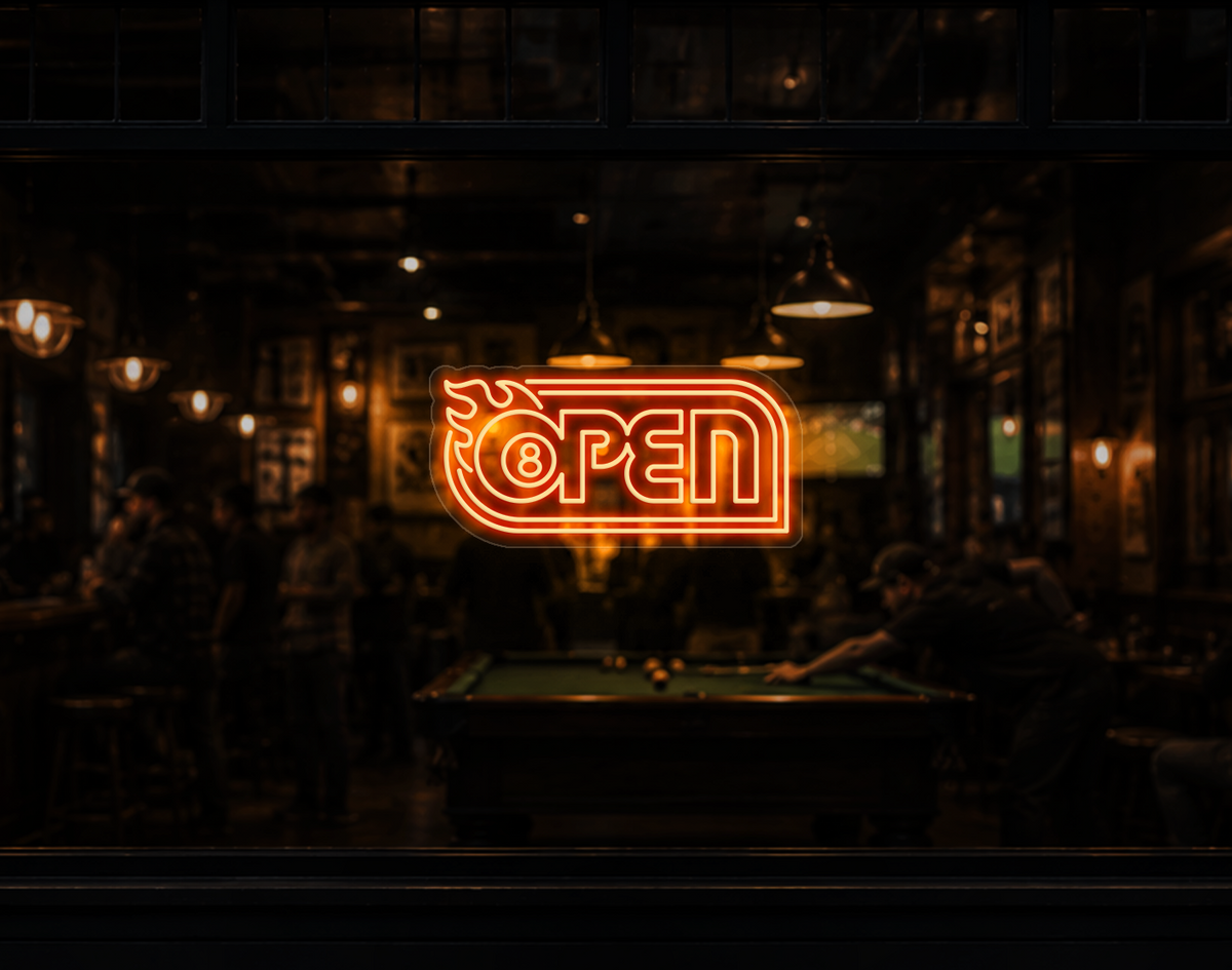 Retro Flame Badge Open LED Neon Sign - Sunset Orange