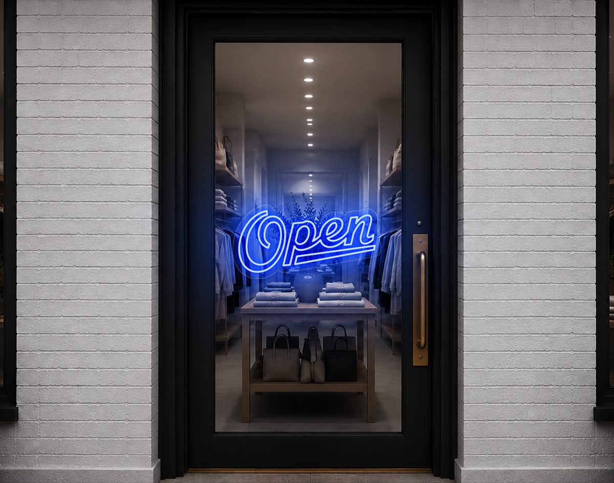 Retro Script Open LED Neon Sign - Baby Blue