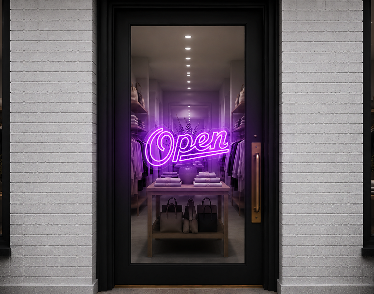 Retro Script Open LED Neon Sign - Lilac Purple