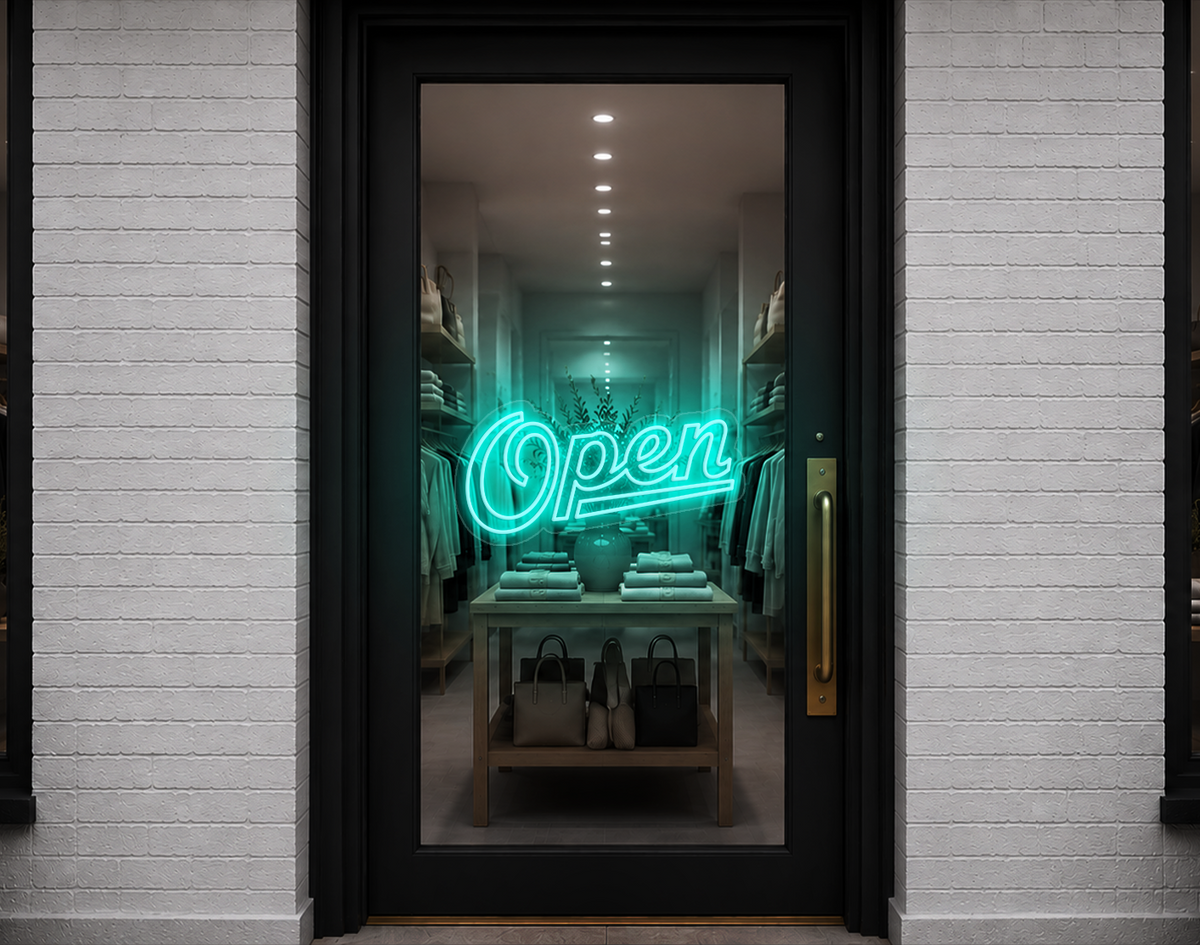 Retro Script Open LED Neon Sign - Turquoise