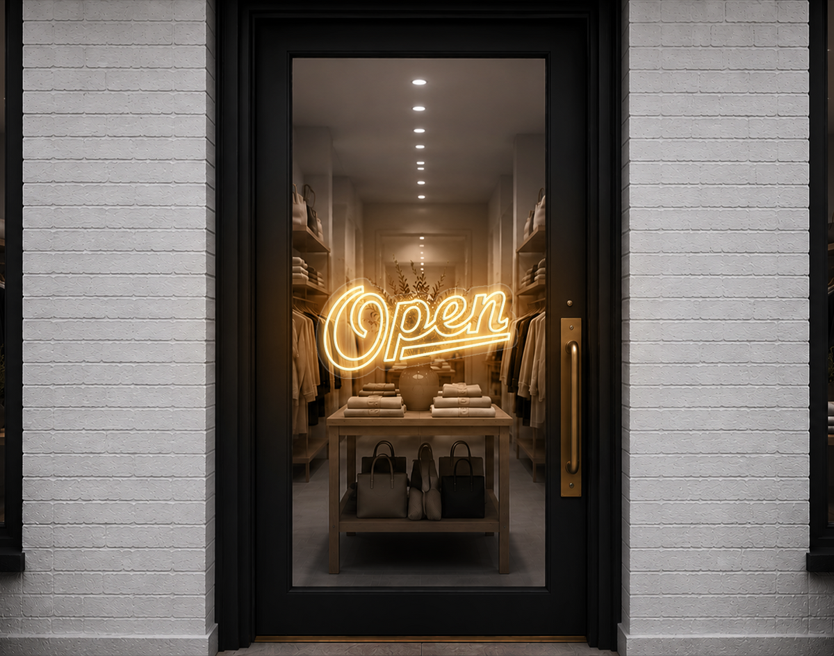 Retro Script Open LED Neon Sign - Warm White