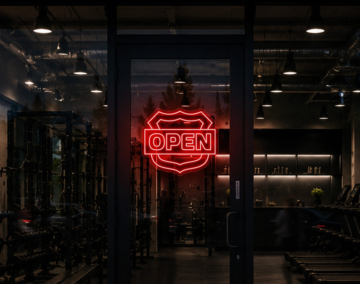 Shield Badge Open LED Neon Sign - Coral Orange