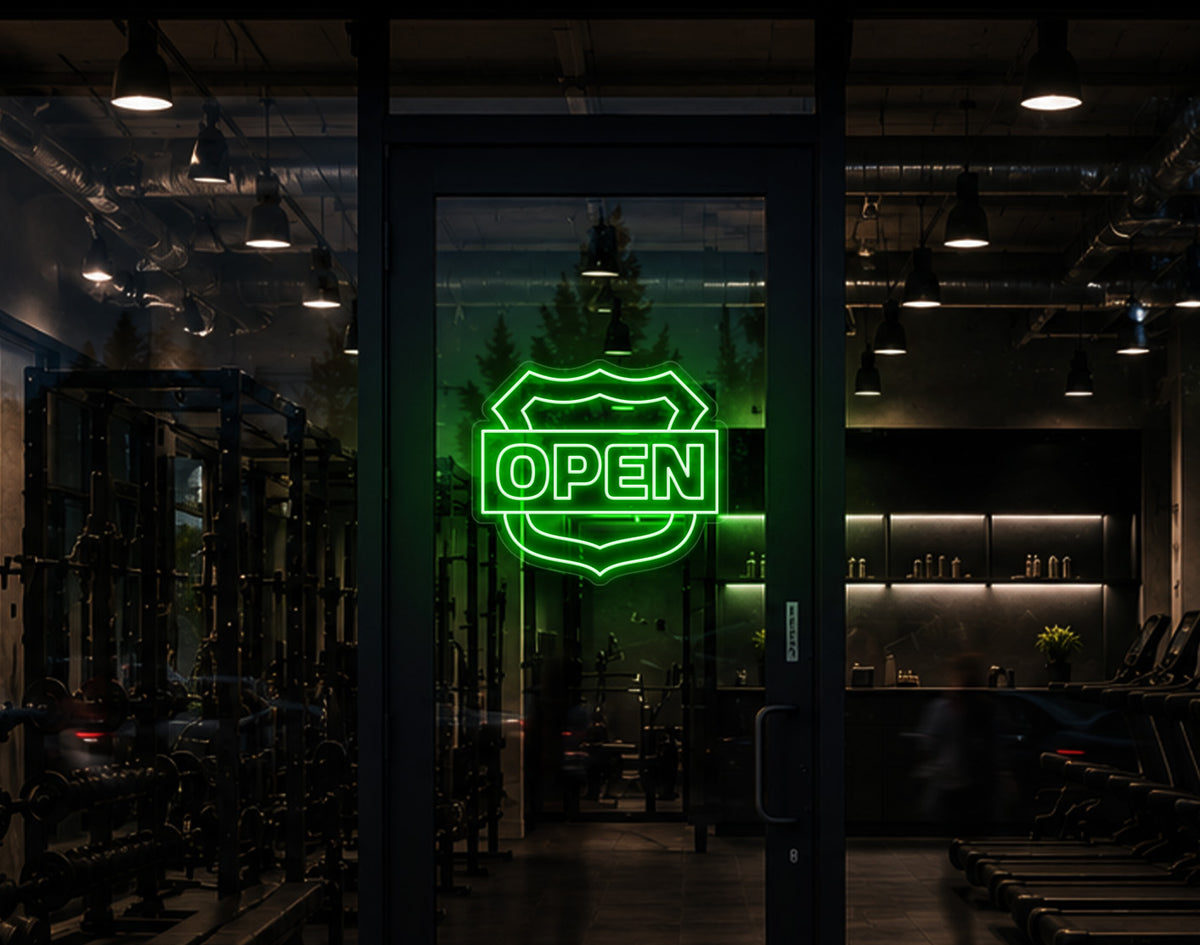 Shield Badge Open LED Neon Sign - Green