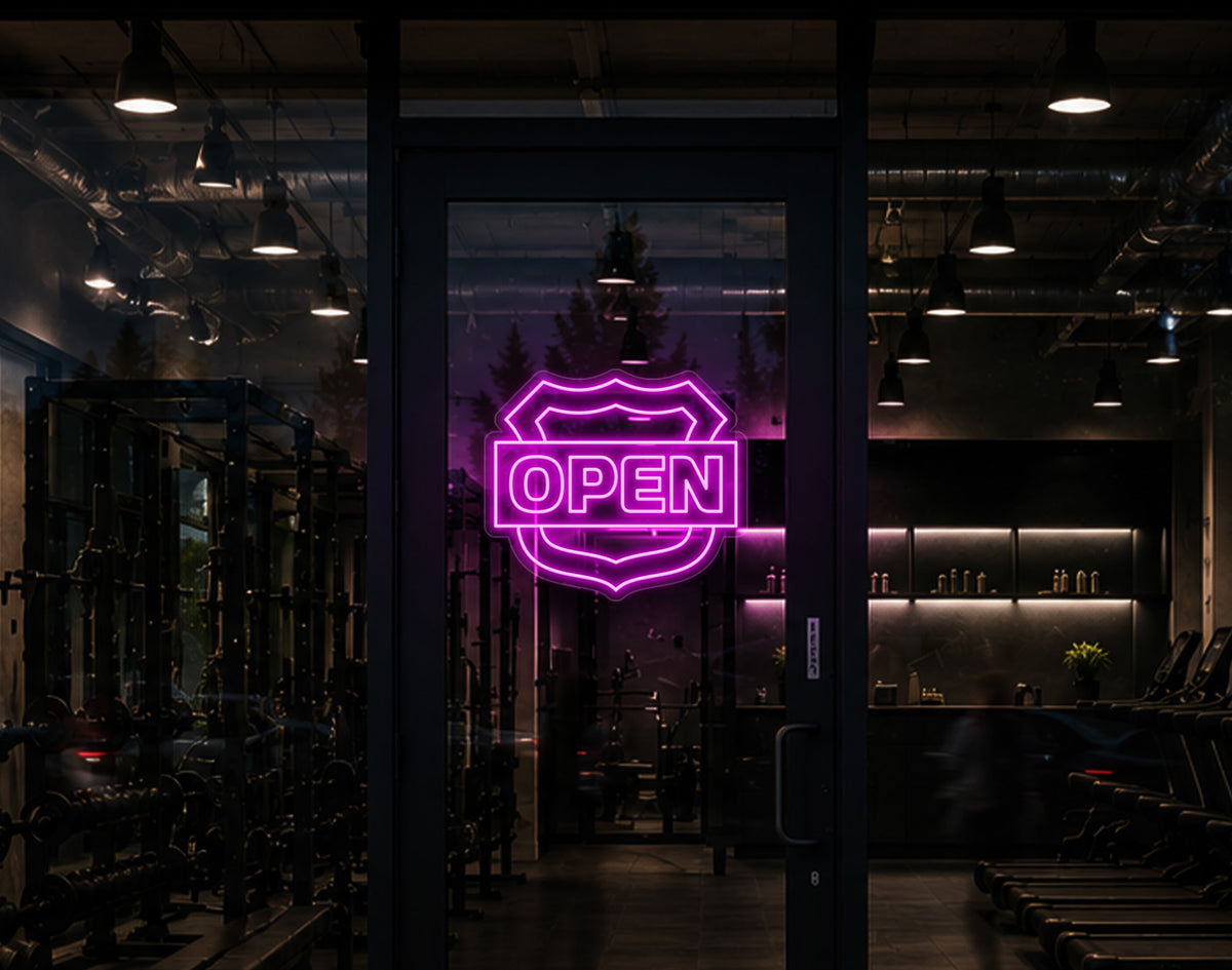 Shield Badge Open LED Neon Sign - Hot Pink