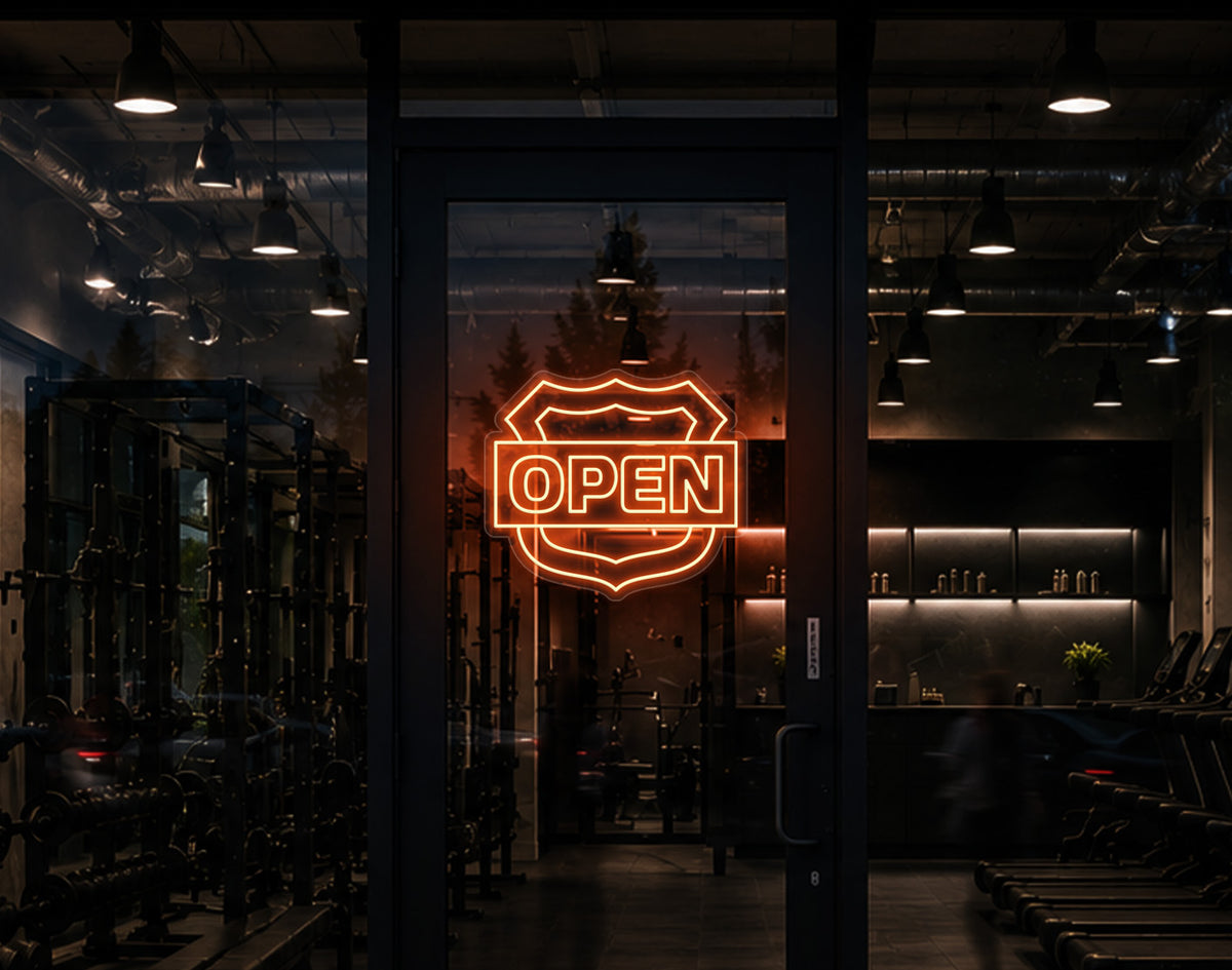 Shield Badge Open LED Neon Sign - Peach Orange