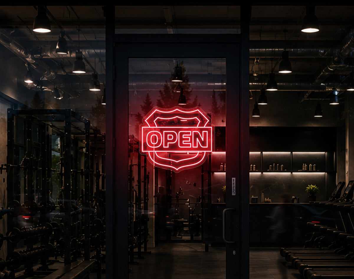 Shield Badge Open LED Neon Sign - Petal Pink