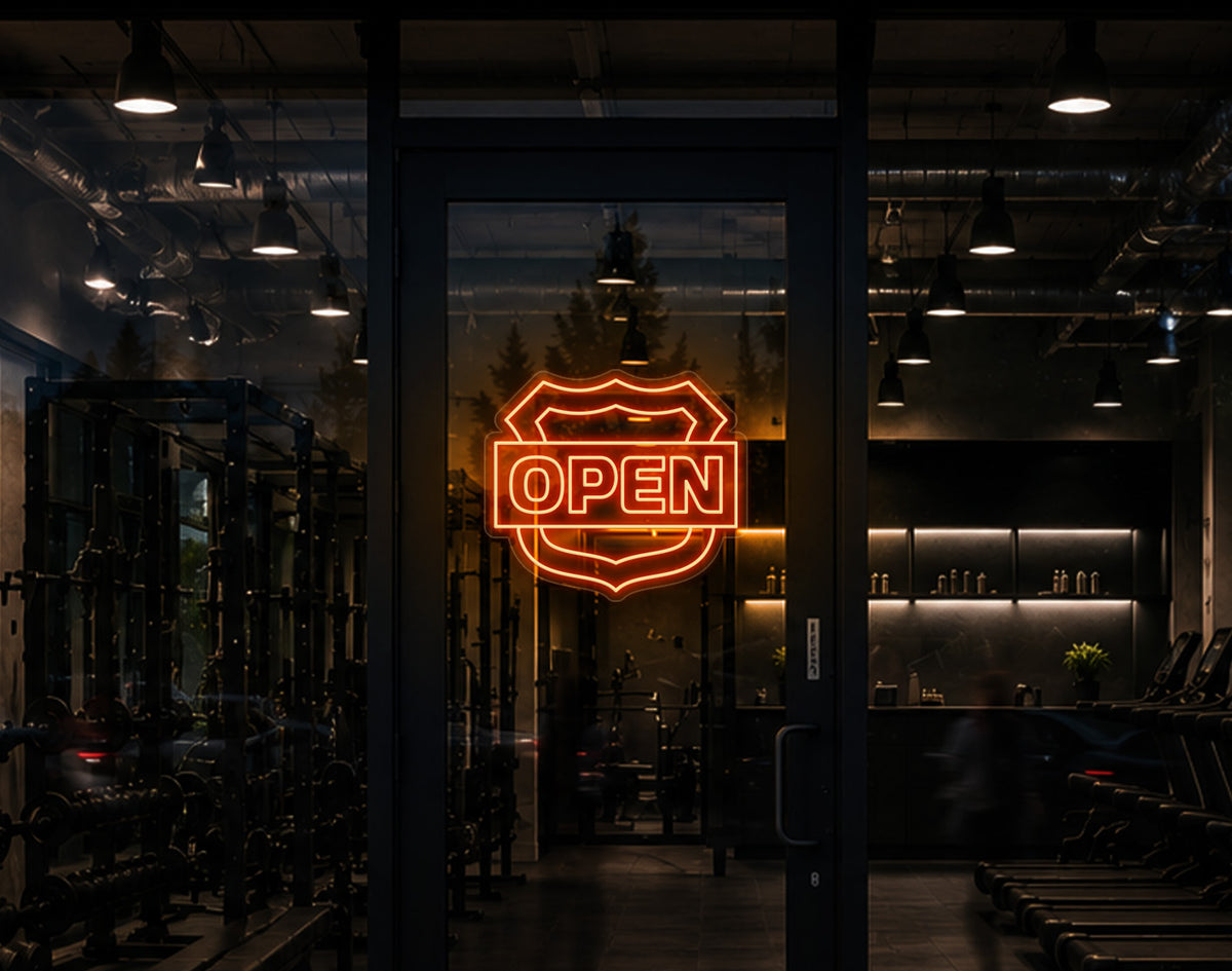 Shield Badge Open LED Neon Sign - Sunset Orange