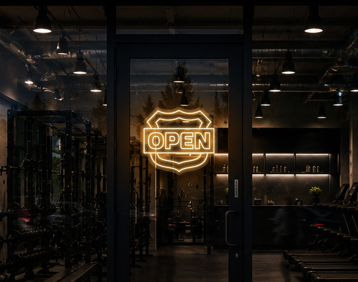 Shield Badge Open LED Neon Sign - Warm White
