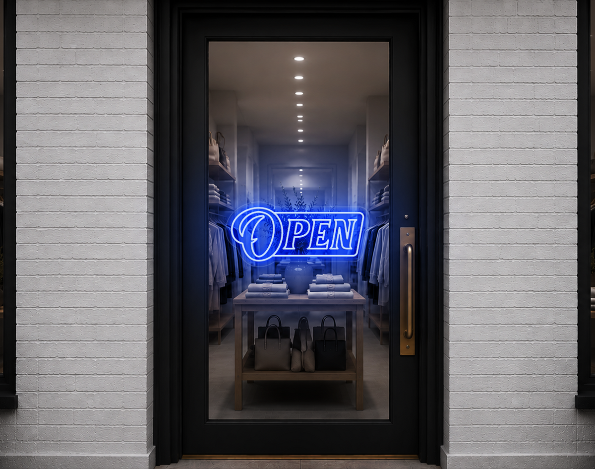 Slanted Serif Badge Open LED Neon Sign - Baby Blue
