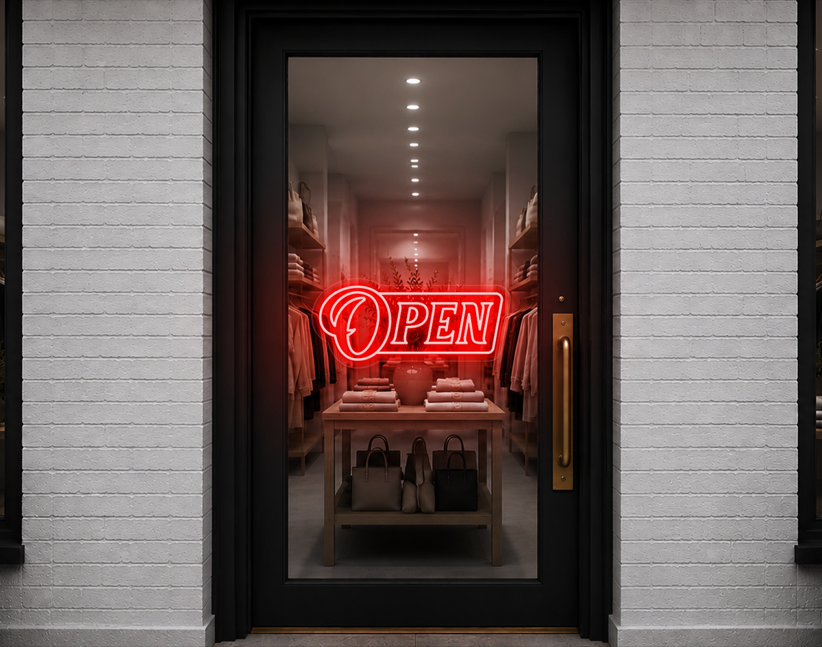 Slanted Serif Badge Open LED Neon Sign - Coral Orange