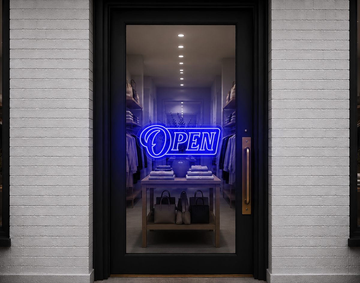 Slanted Serif Badge Open LED Neon Sign - Dark Blue