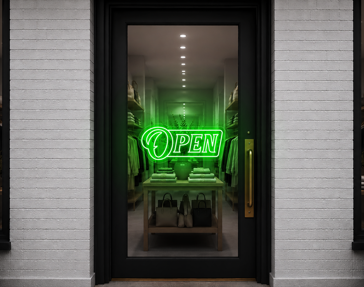 Slanted Serif Badge Open LED Neon Sign - Green