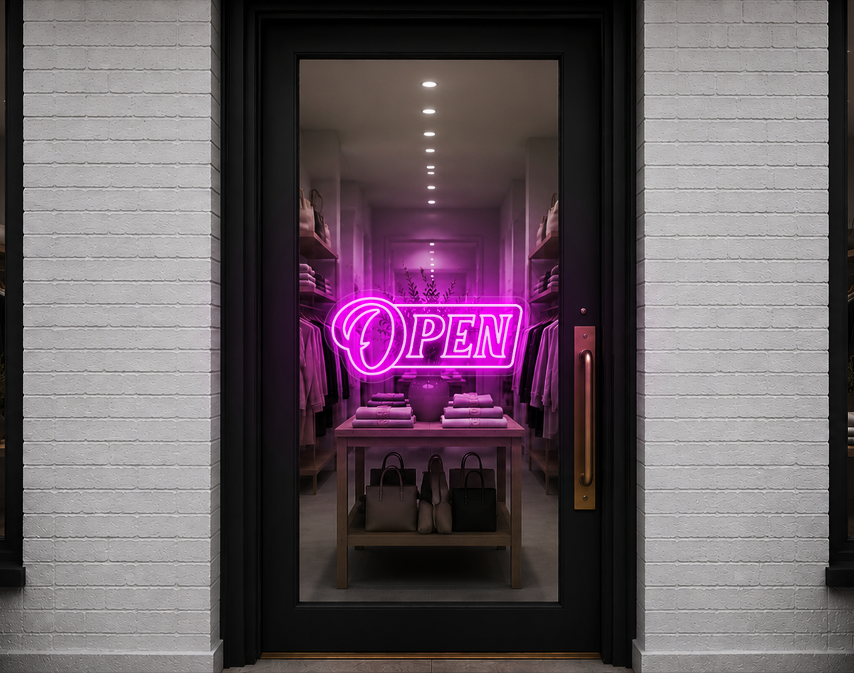 Slanted Serif Badge Open LED Neon Sign - Hot Pink