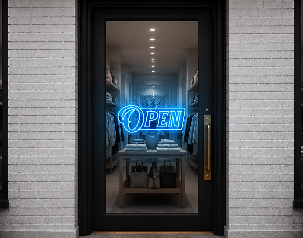 Slanted Serif Badge Open LED Neon Sign - Light Blue