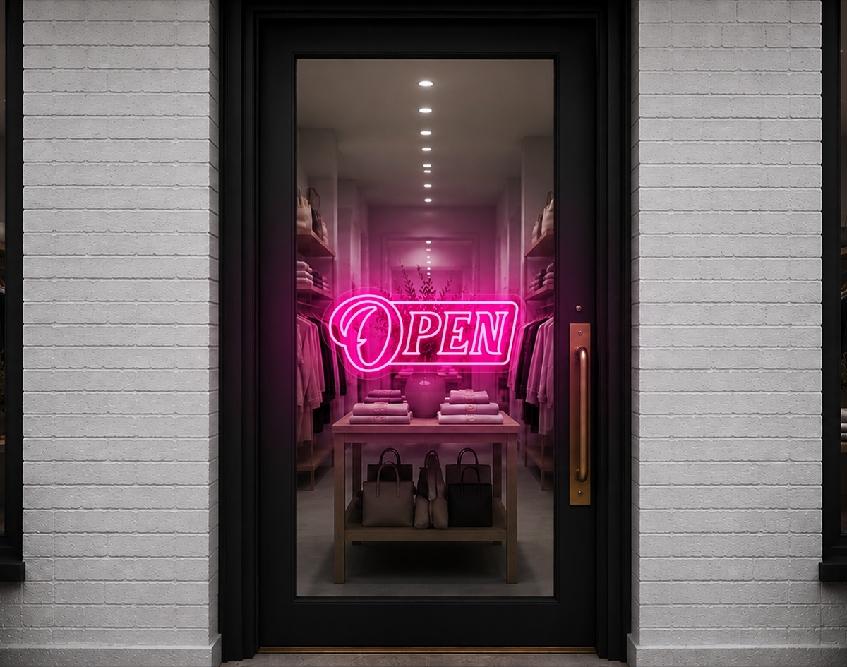 Slanted Serif Badge Open LED Neon Sign - Light Pink