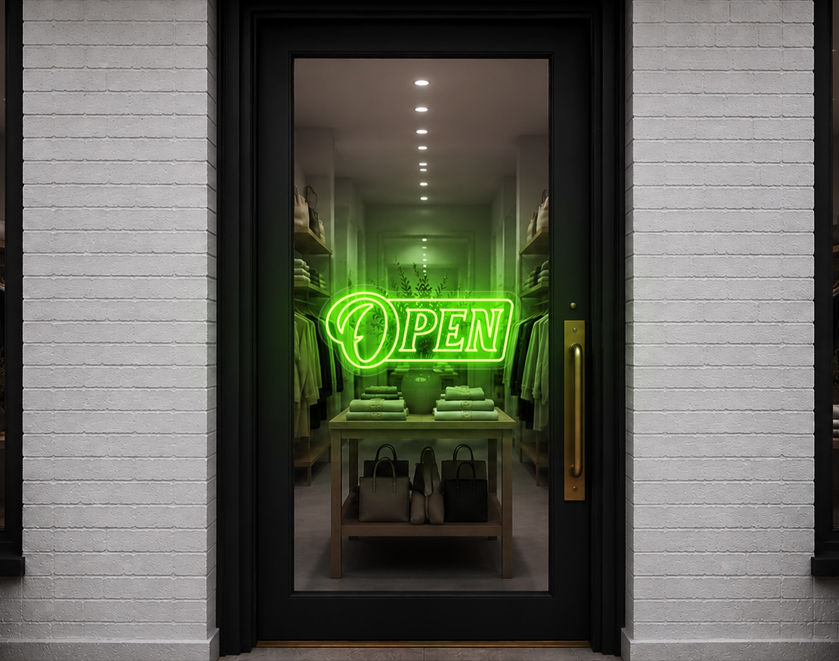 Slanted Serif Badge Open LED Neon Sign - Lime