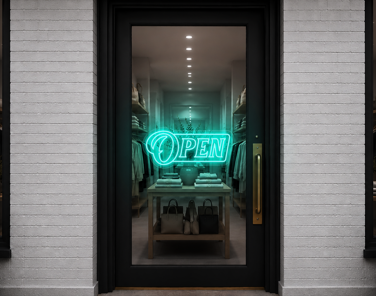 Slanted Serif Badge Open LED Neon Sign - Turquoise
