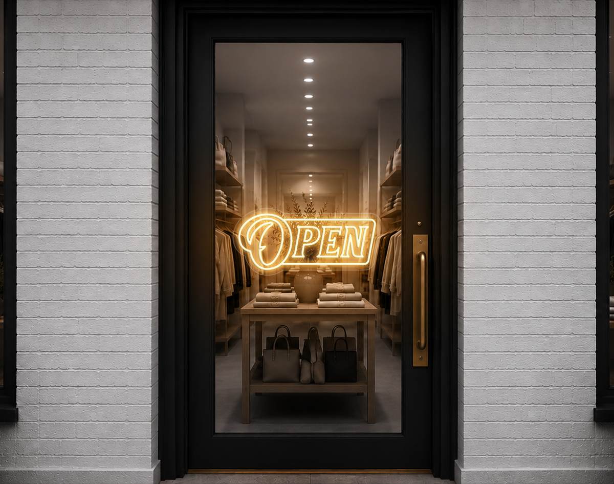 Slanted Serif Badge Open LED Neon Sign - Warm White