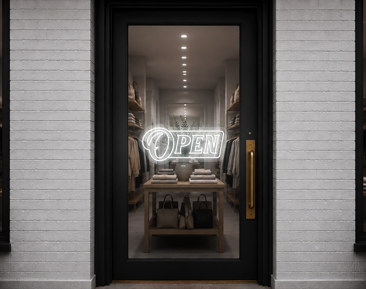 Slanted Serif Badge Open LED Neon Sign - White
