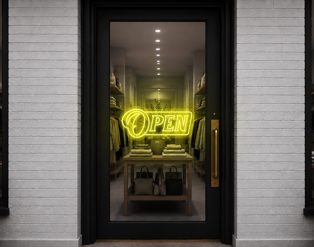 Slanted Serif Badge Open LED Neon Sign - Yellow