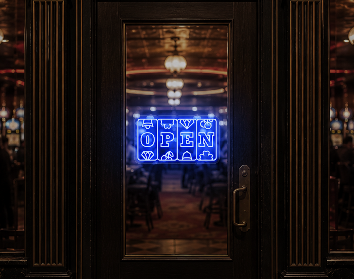 Slots Badge Open LED Neon Sign - Baby Blue