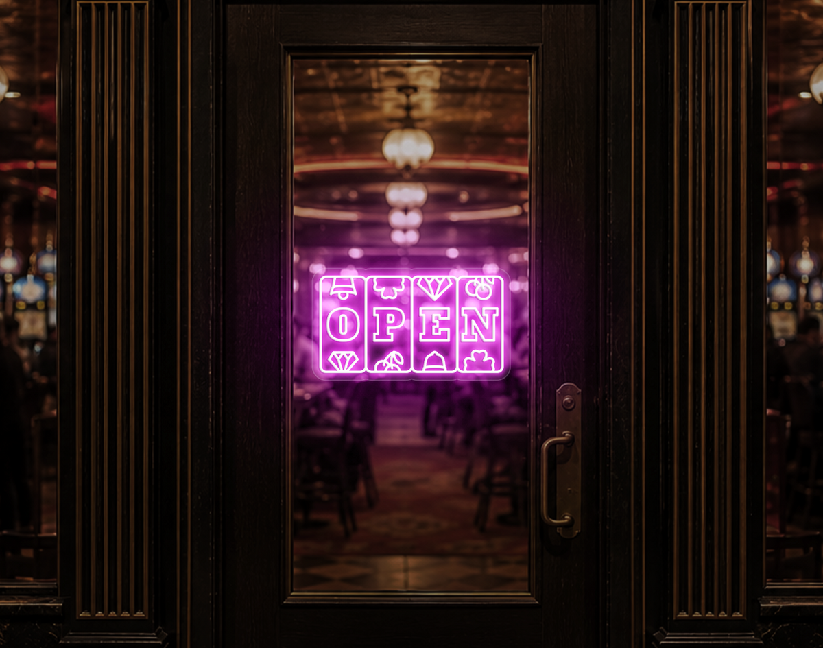 Slots Badge Open LED Neon Sign - Bubblegum Pink