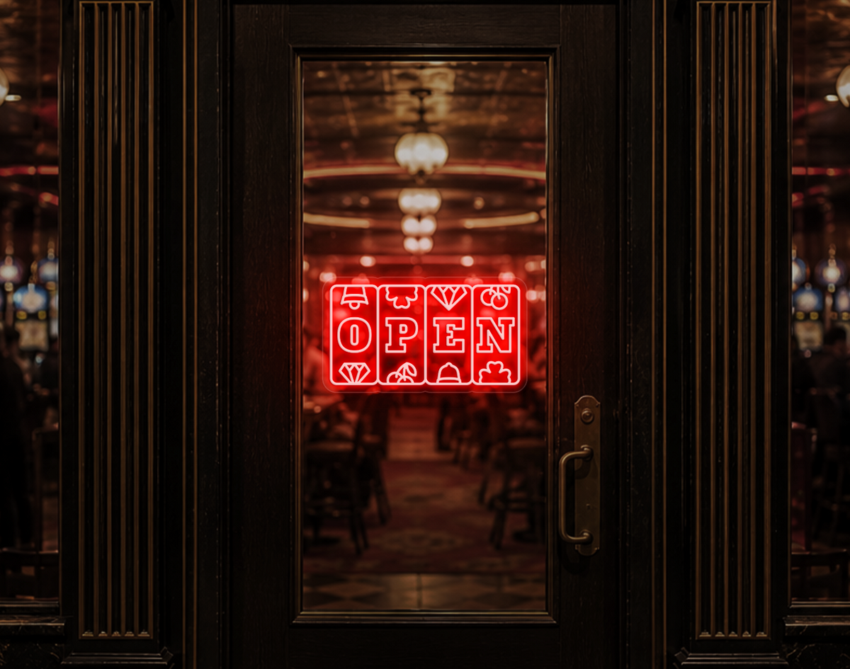 Slots Badge Open LED Neon Sign - Coral Orange