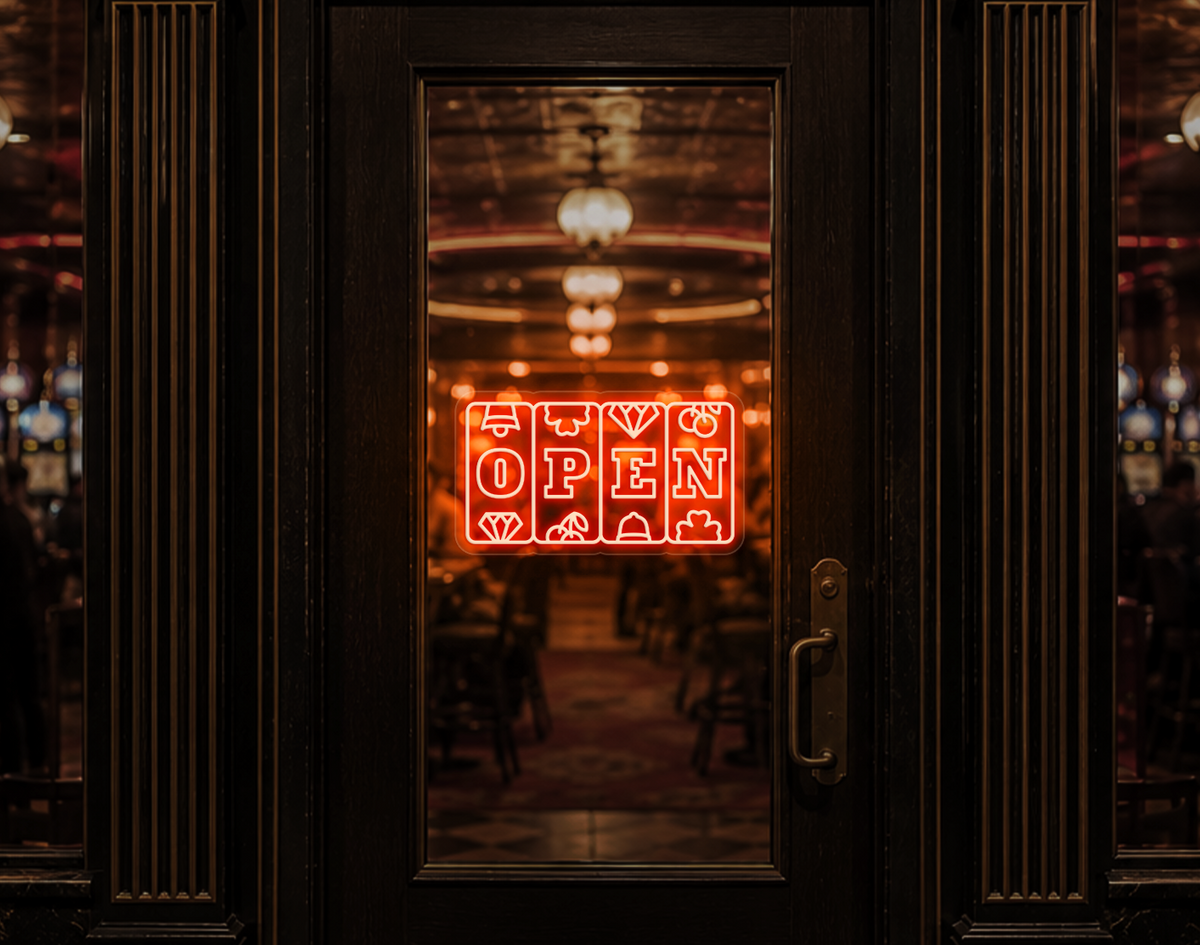Slots Badge Open LED Neon Sign - Orange