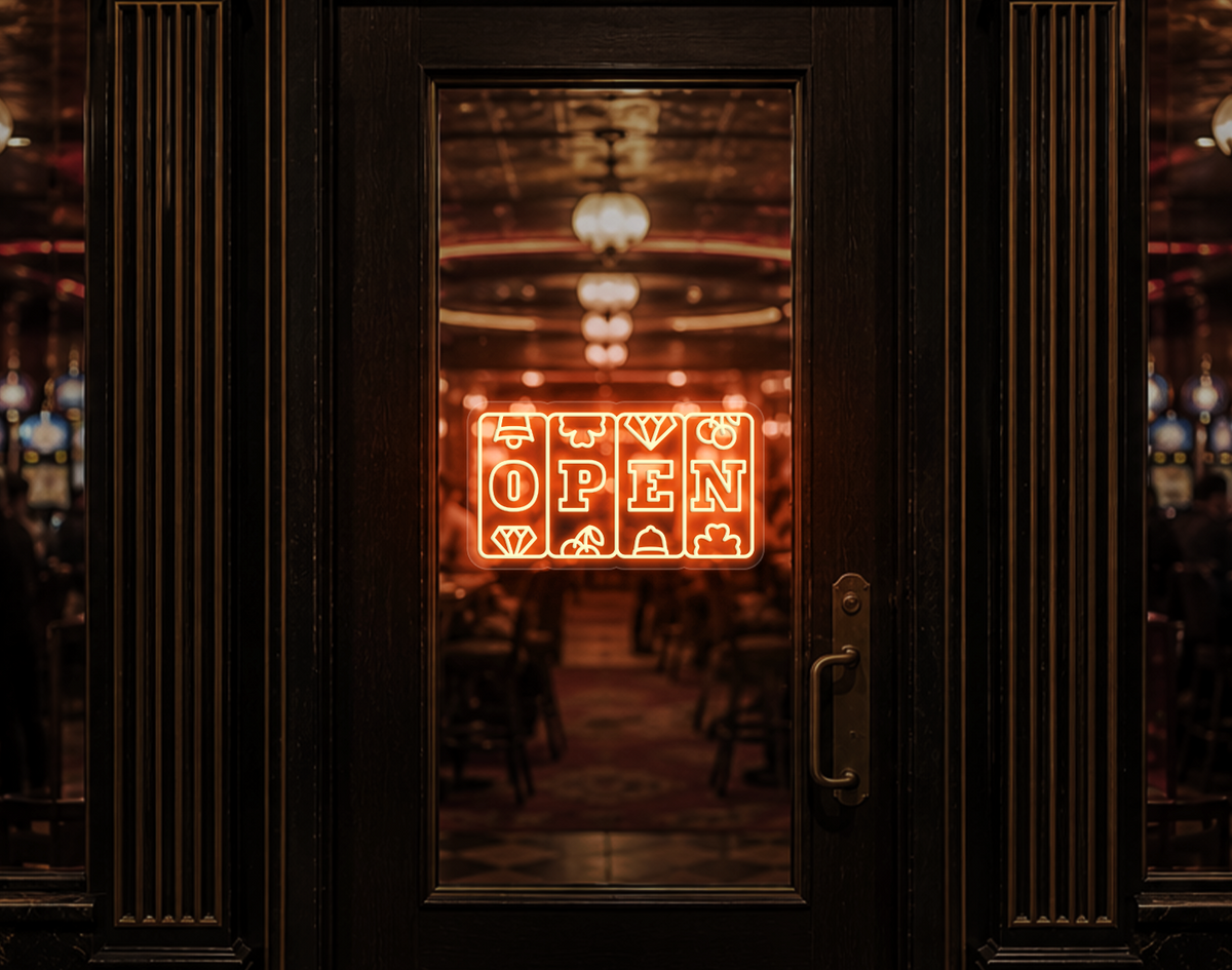 Slots Badge Open LED Neon Sign - Peach Orange