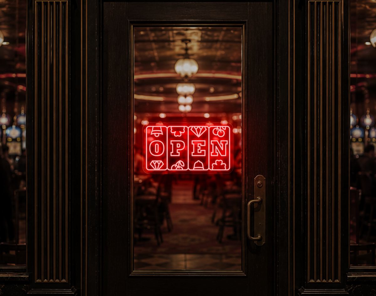 Slots Badge Open LED Neon Sign - Red