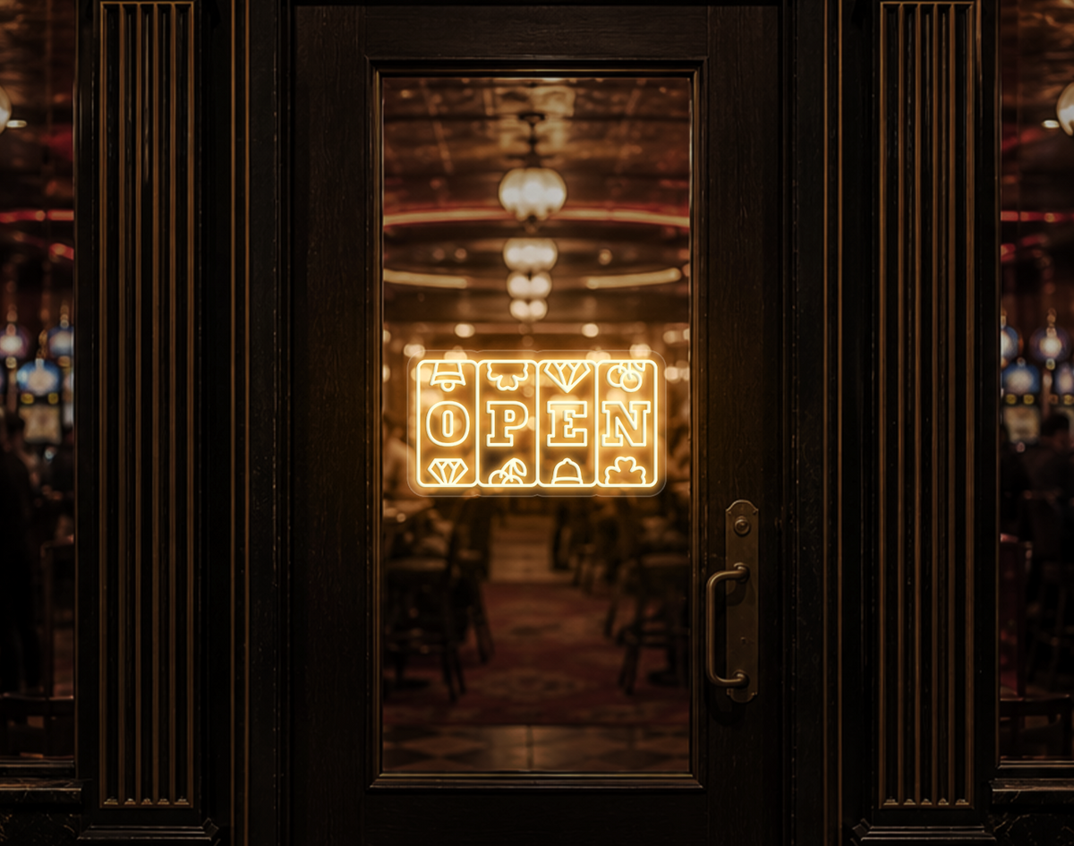 Slots Badge Open LED Neon Sign - Warm White