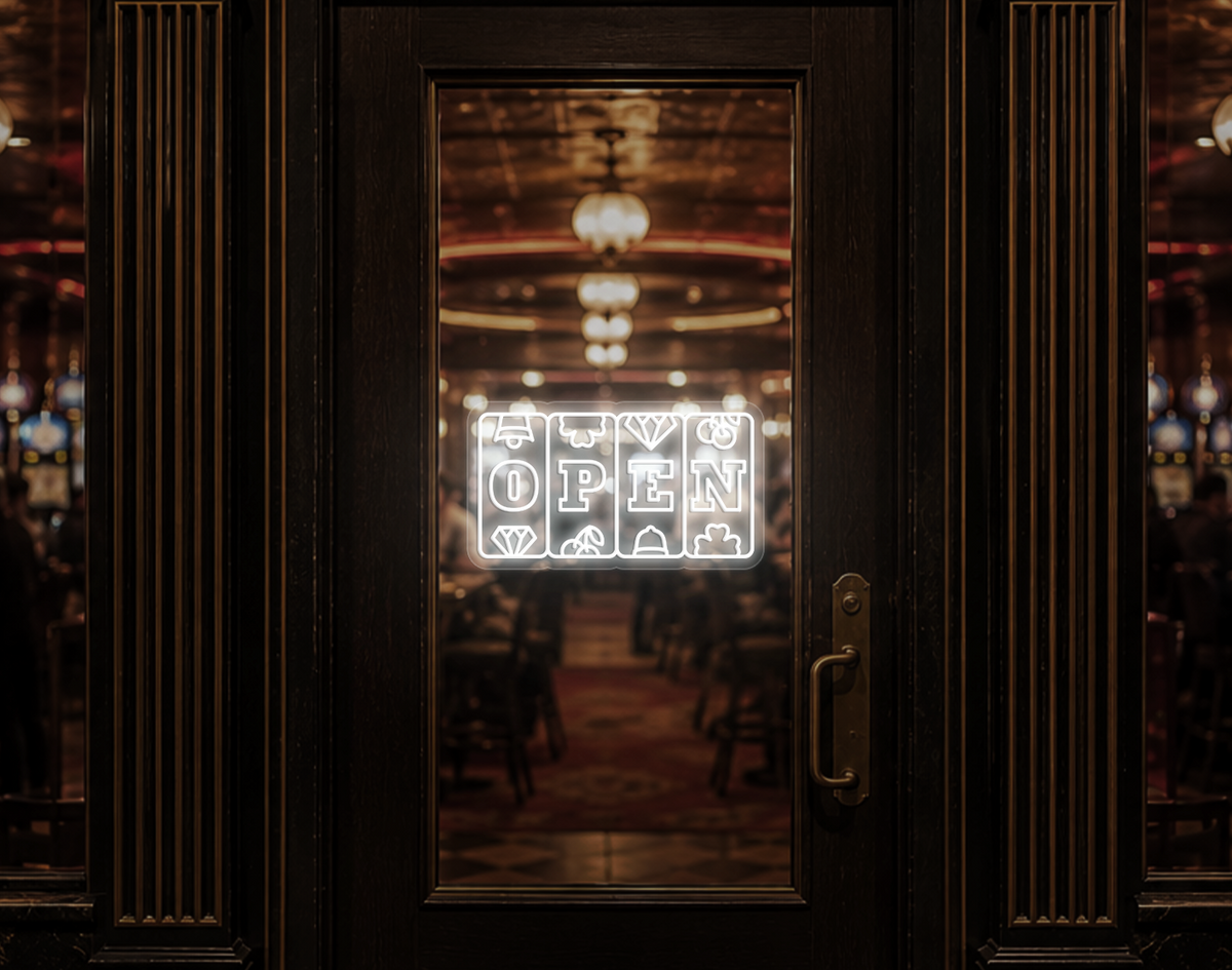 Slots Badge Open LED Neon Sign - White
