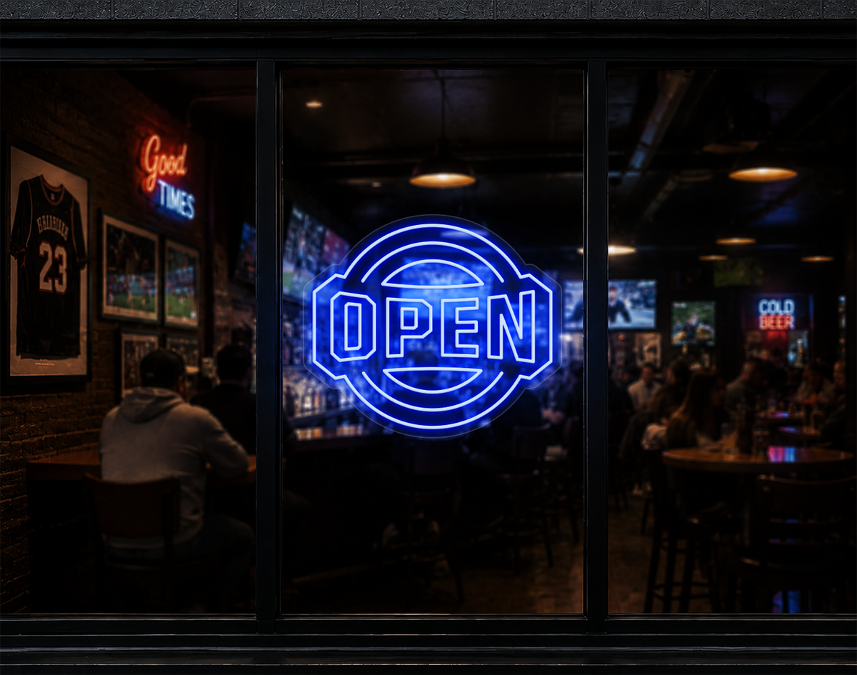 Varsity Circle Badge Open LED Neon Sign - Baby Blue