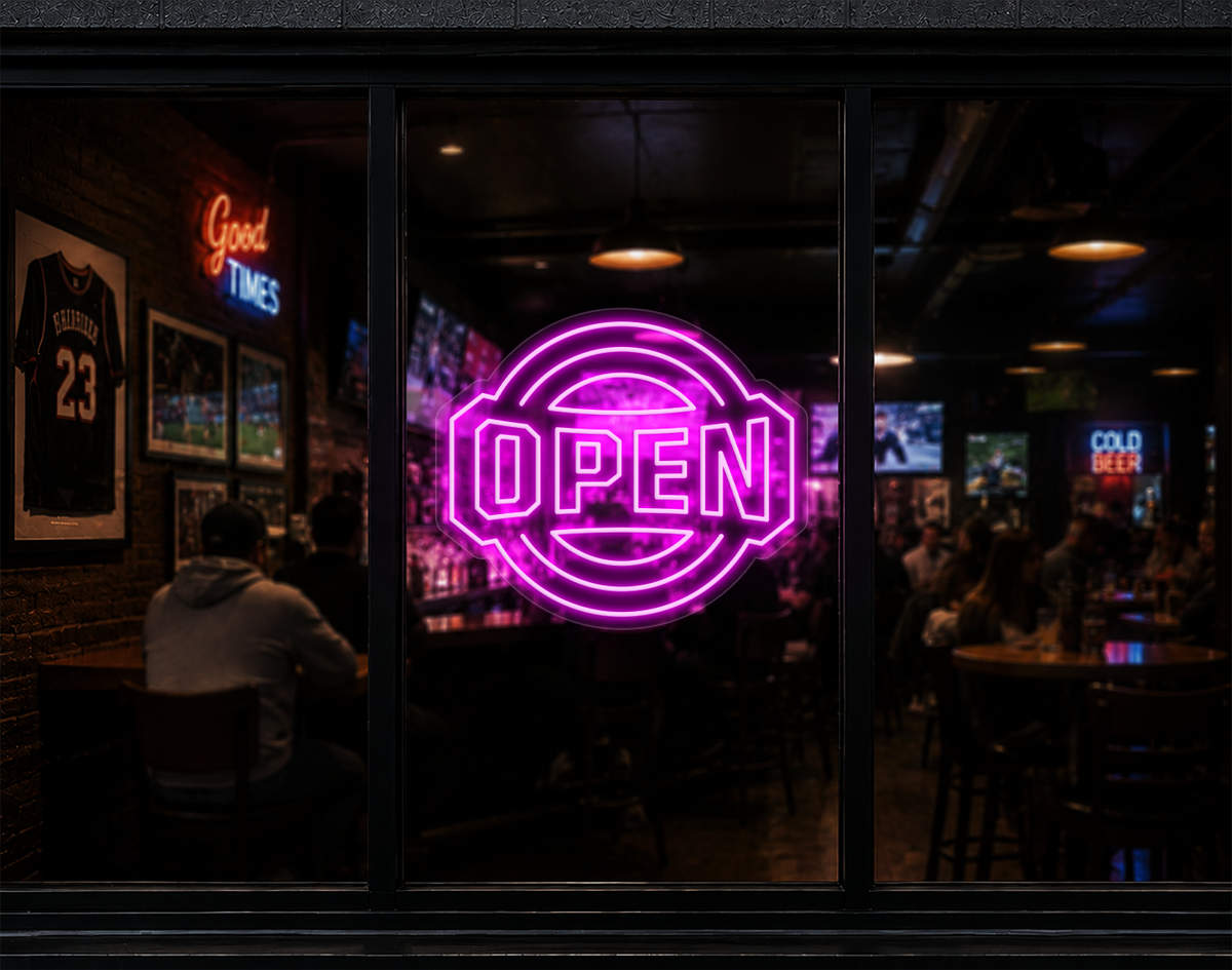 Varsity Circle Badge Open LED Neon Sign - Hot Pink