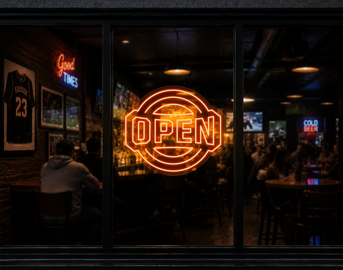 Varsity Circle Badge Open LED Neon Sign - Sunset Orange