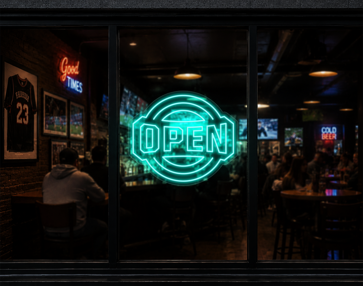 Varsity Circle Badge Open LED Neon Sign - Turquoise