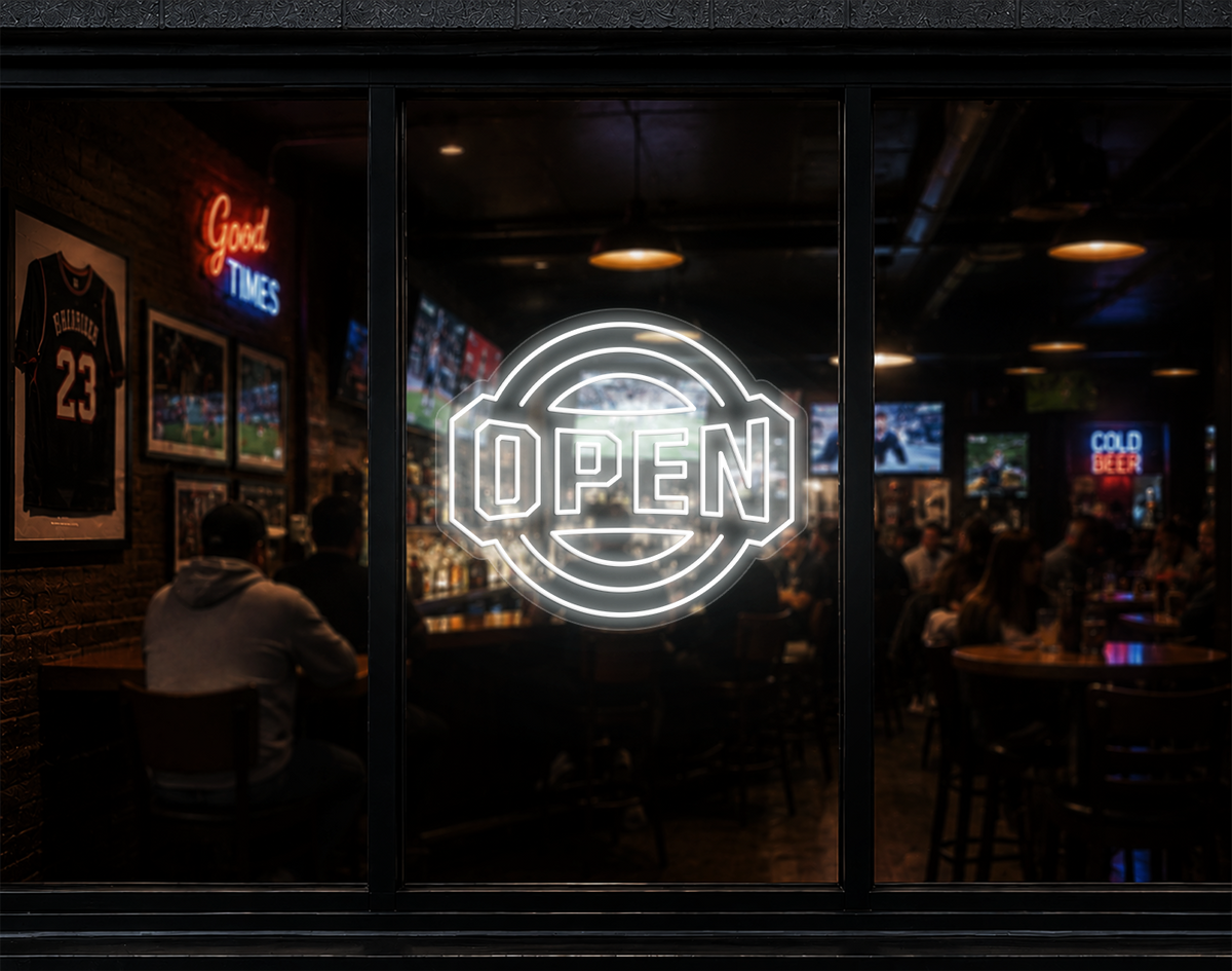 Varsity Circle Badge Open LED Neon Sign - White