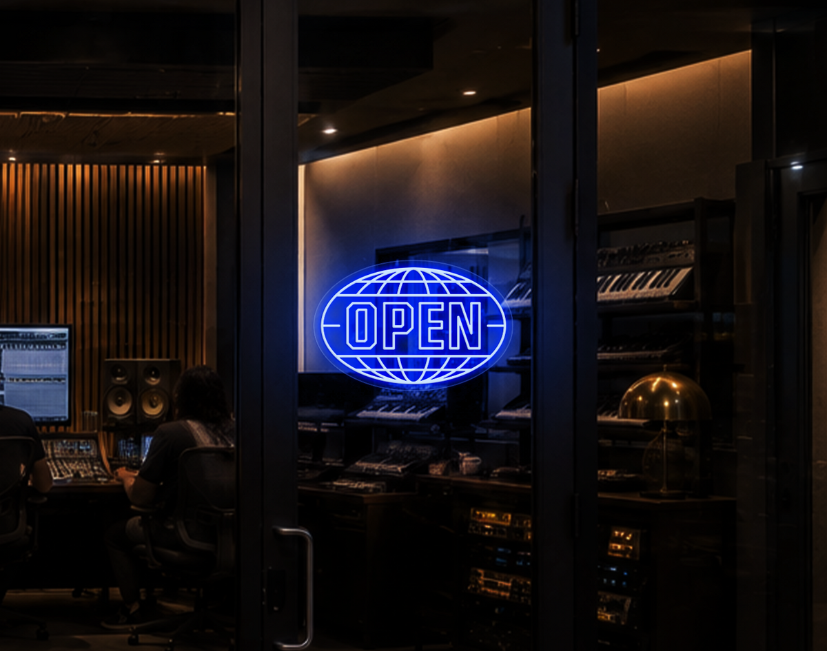 Varsity Globe Badge Open LED Neon Sign - Baby Blue