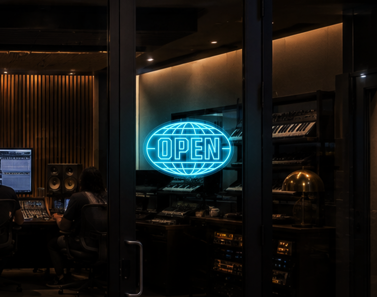 Varsity Globe Badge Open LED Neon Sign - Ice Blue