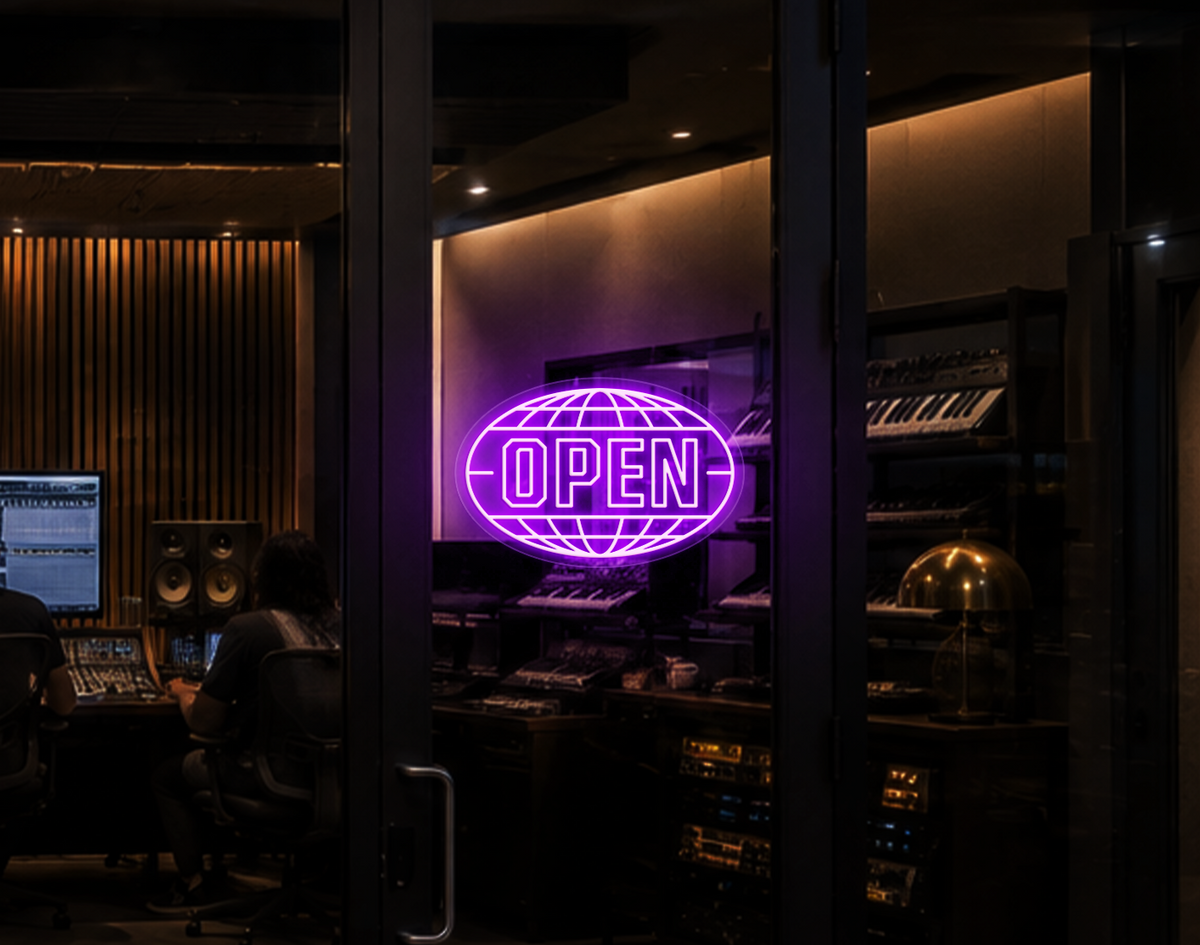 Varsity Globe Badge Open LED Neon Sign - Lilac Purple