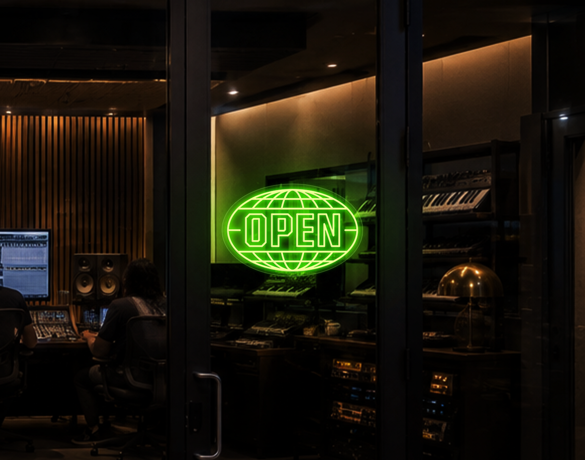 Varsity Globe Badge Open LED Neon Sign - Lime