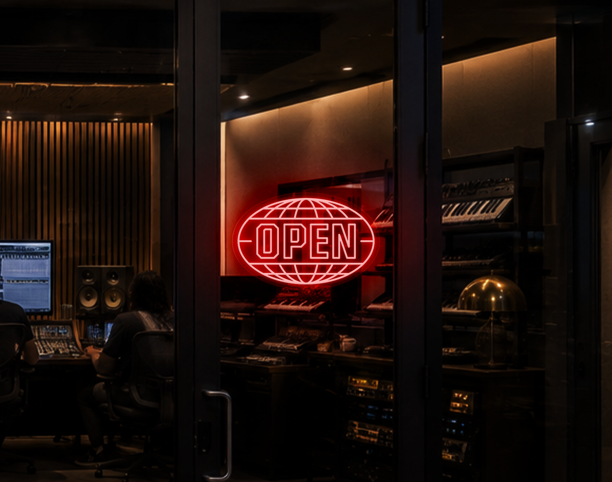 Varsity Globe Badge Open LED Neon Sign - Red